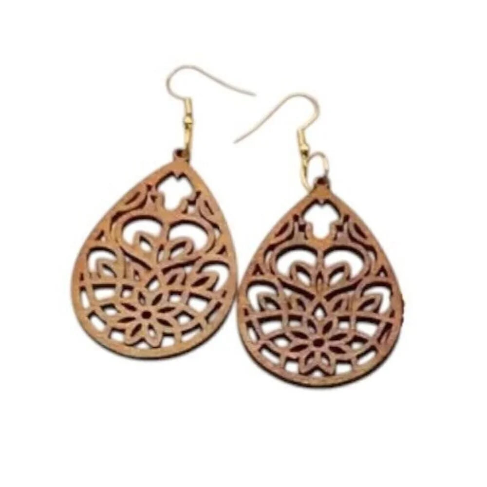 WOOD Cut Out Earrings Filagree Unique Artistic LIGHTWEIGHT Dangle Jewelry